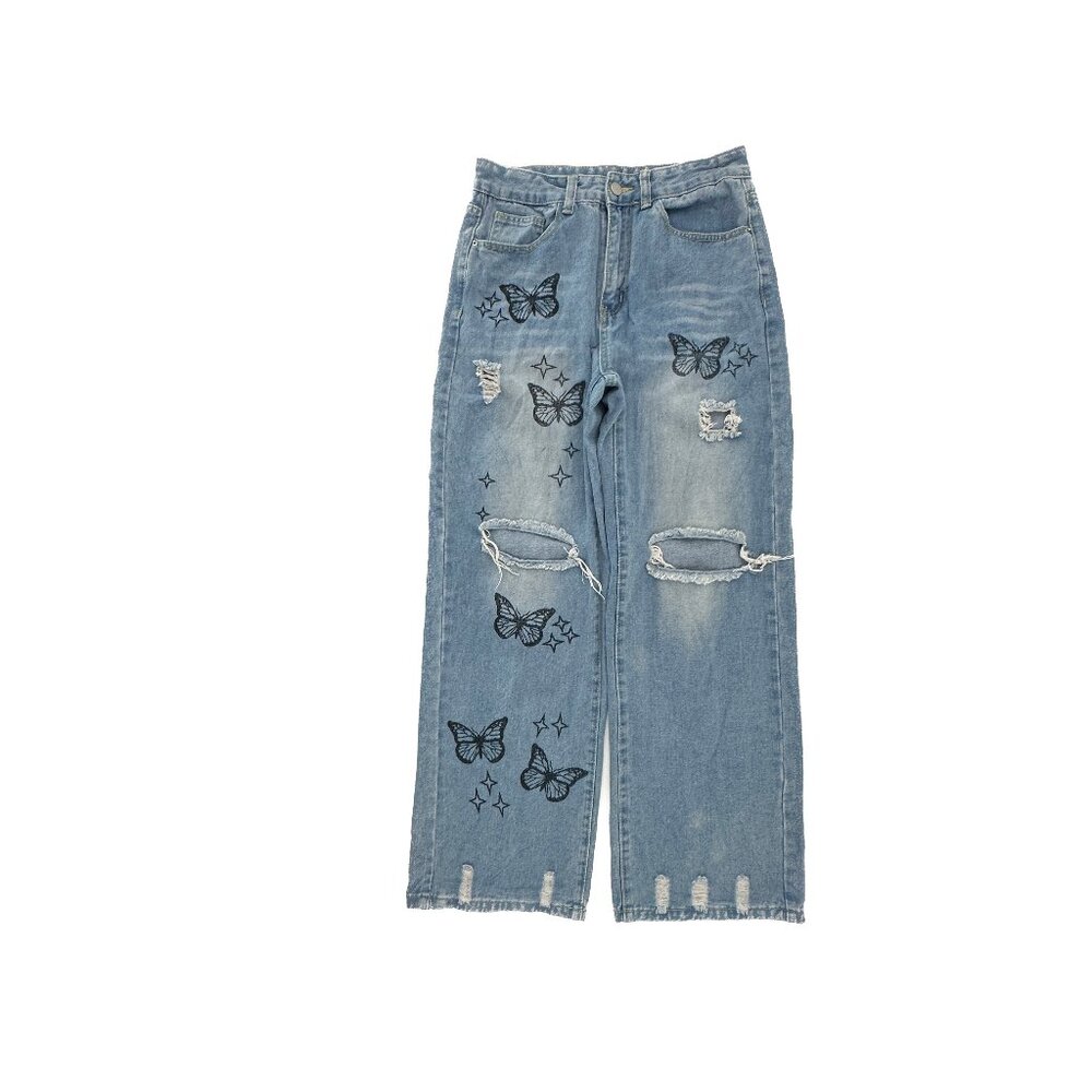 Shein Baggy Jeans Women 6 Blue Distressed Butterfly Star Wide Leg‎ Denim